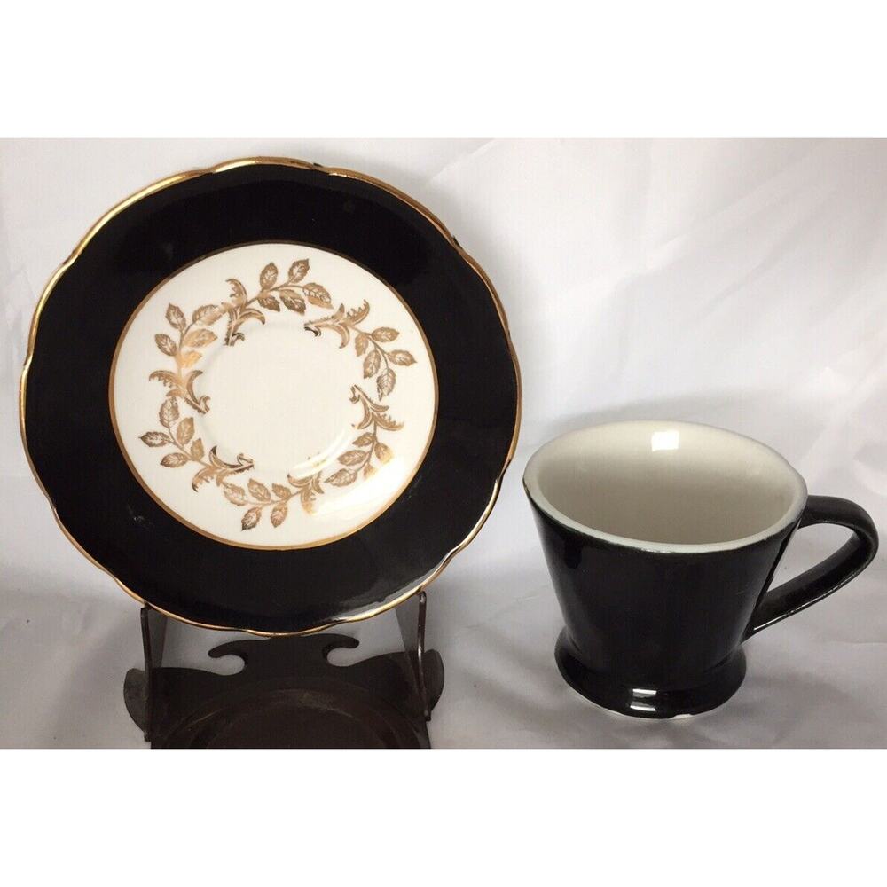 Vinetage Collector Cup And Saucer Sutherland Black / White With Gold Trim